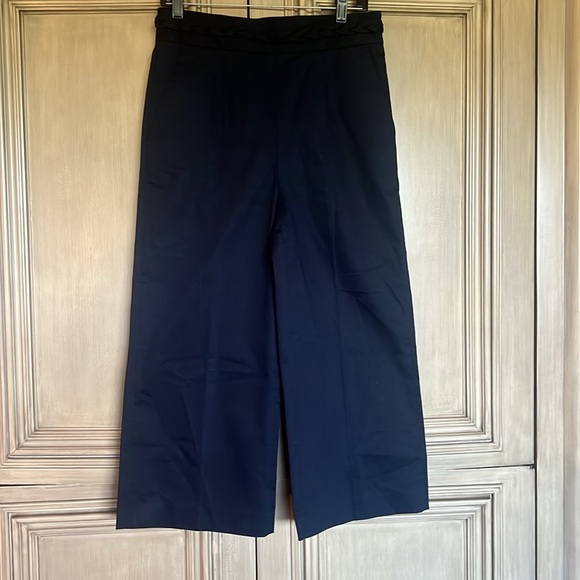 Valentino Red Label Navy Wide Leg Cropped Cotton Pants with Braided Waist Band - Picture 2 of 9